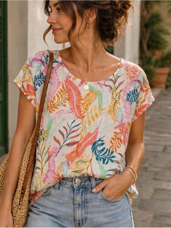 Cynthia Rowley Tops - Cynthia Rowley Linen Tropical Blouse XL Button Back Coastal Boho Top Resortwear